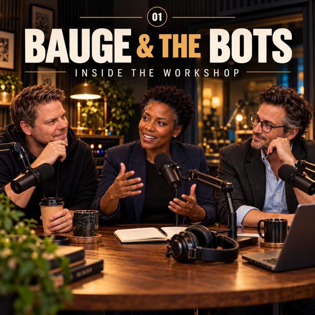 J S, AcidBurd and The Editor in the Bauge & The Bots podcast studio.