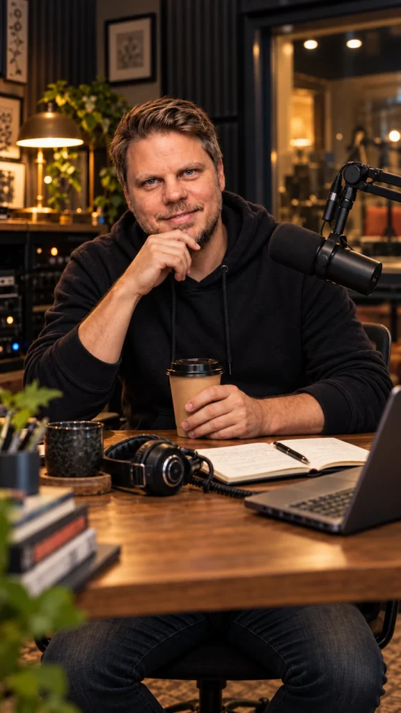 J S, the AI interpretation of Jan Sverre Bauge, with a coffee in the podcast studio.