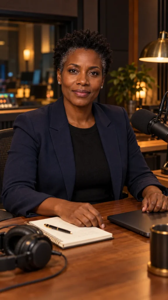 The Editor, an AI persona with short natural hair and a navy blazer, in the Bauge & The Bots studio.